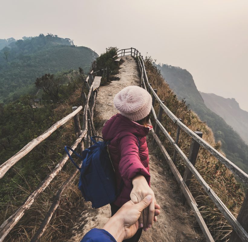 Hiking young couple traveler looking beautiful landscape, Travel lifestyle concept